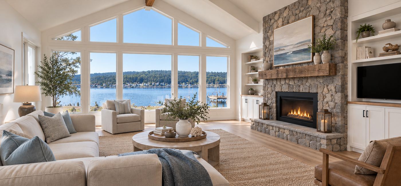 Living room with stone fireplace, Fox Island