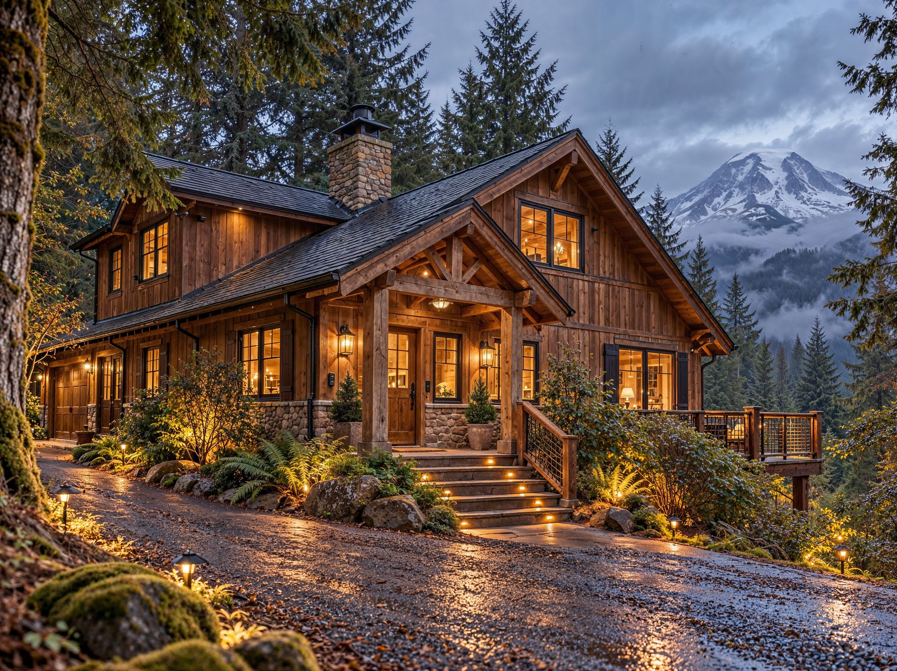 Cabin exterior at dusk with landscape lighting